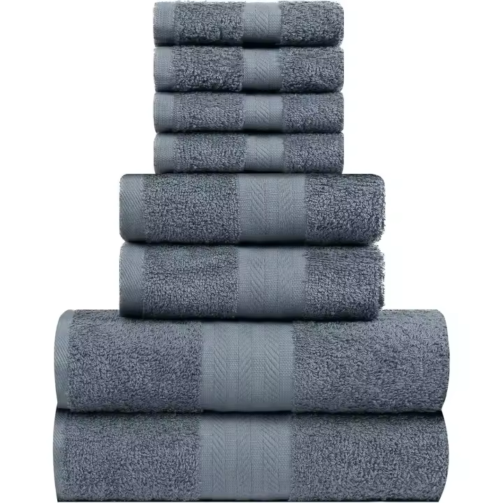 Juego de Toallas de Algodón 100%, 8 Piezas, 2 Toallas Grandes, 2 Toallas de Mano, 4 Paños de Lavado, Ideal para baño, Gimnasio, Hotel y SPA. Muy Absorbente Gris Oscuro - 1