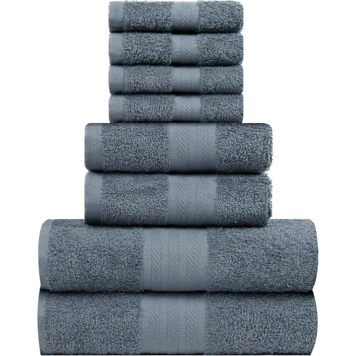 Juego de Toallas de Algodón 100%, 8 Piezas, 2 Toallas Grandes, 2 Toallas de Mano, 4 Paños de Lavado, Ideal para baño, Gimnasio, Hotel y SPA. Muy Absorbente Gris Oscuro - 1