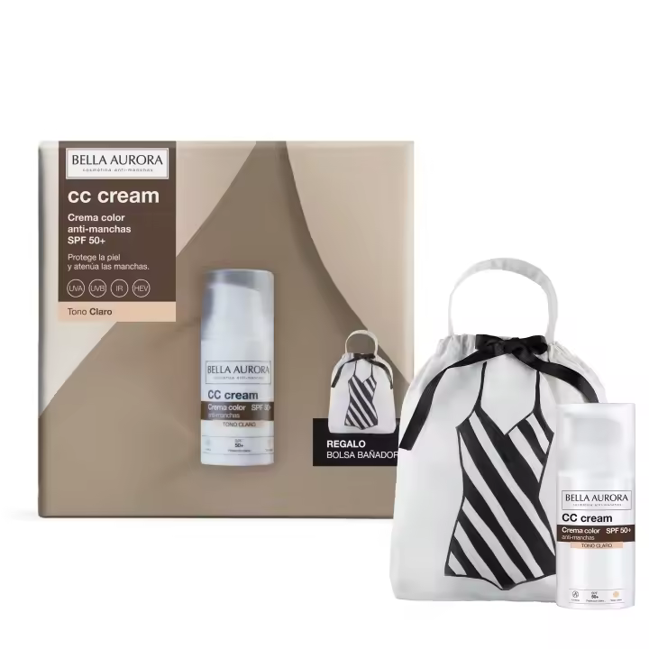 BELLA AURORA - Pack CC Cream Antimanchas SPF50+ 30 ml + Bolsa Bañador, Protector Solar Antimanchas Tono Claro, Crema Color Antimanchas, para Cualquier Tipo de Piel, Crema Solar Facial de Color Claro - 1