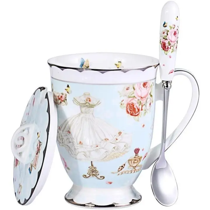 Taza de Café y té de Porcelana de estilo Europeo con tapa para el desayuno en casa o en la cocina (Patrón de Rosa y vestido) (Azul) - 1