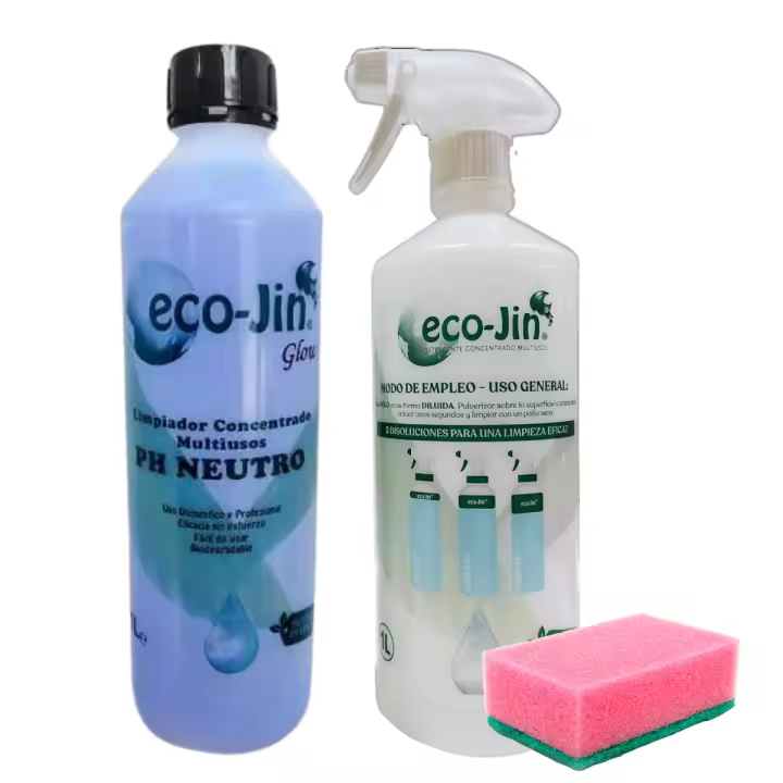 ECO JIN Glow Original NOVEDAD, 1L concentrado + estropajo, limpieza perfecta sin limites ECO-JIN. Ecológico, Higiénizante, Bactericida, Anticalcareo y elimina cal. Componentes tensoactivos. Exclusivo y poderoso quitamanchas. Distrilocu - 1