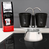 Cafetera Bialetti Clásica y de Inducción Italiana + REGALO (café molido 100gr) - Mini Express Italiana 2 Tazas - 95 Ml - Aluminio y Acero de Alta Calidad - Negro para Uso en Cocina (incluye Tacitas) - details 0