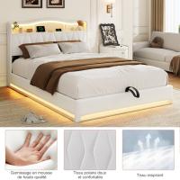 Cama tapizada 140x200 cm en terciopelo blanco crema con canapé abatible, LED RGB, cabecero con almacenaje, USB y USB-C - details 4