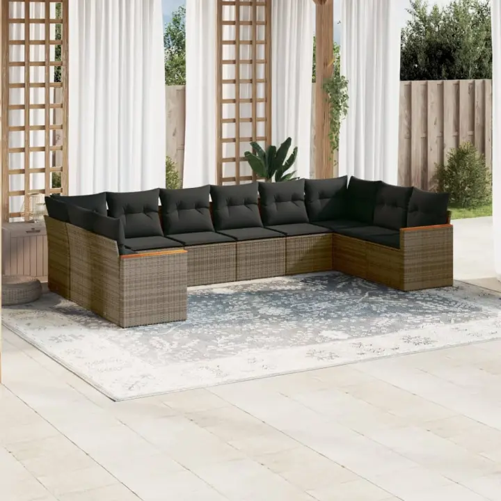 vidaXL Set de sofás de jardín 10 pzas con cojines ratán sintético gris - 1