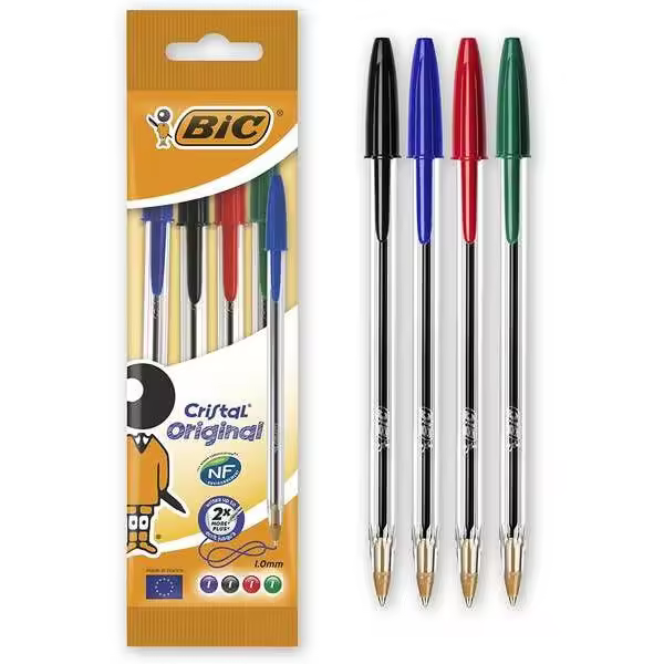 Bolígrafo BIC Cristal Original Pack de 4 - Punta Redonda 1.0mm - Tinta Base Aceite - Colores Surtidos - 1
