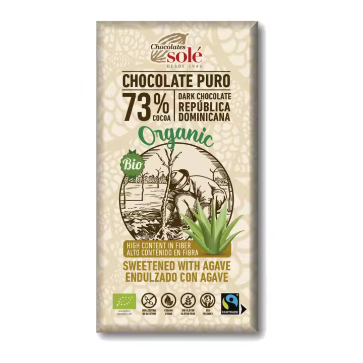Chocolate Negro 73% con Agave – Vegano, Sin Gluten y alto en Fibre 100g - Chocolates Sole - 1