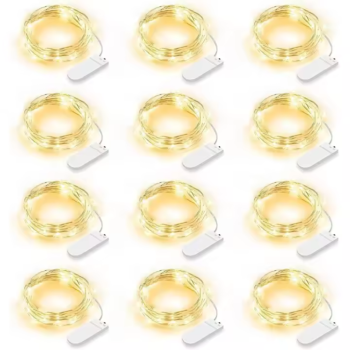 Paquete de 12 luces LED de cadena, luces de hadas que funcionan con pilas, 2 m, 20 LED, IP65, impermeables, decoración LED para dormitorio, Navidad, boda, fiesta, jardín, blanco cálido (blanco cálido) - 1