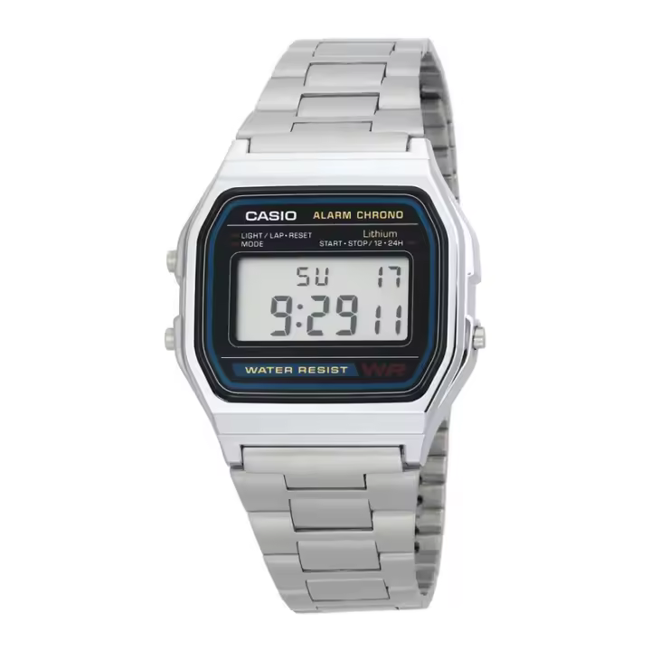 Reloj Casio Caballero modelo A158WA-1DF digital esfera negra correa metálica plateada A158WA-1DF - 1