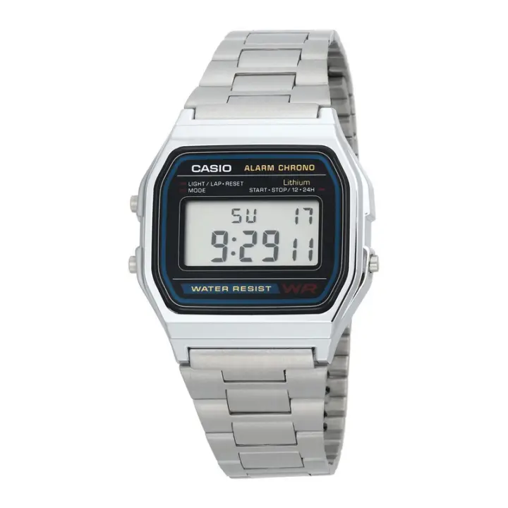 Reloj Casio Caballero modelo A158WA-1DF digital esfera negra correa metálica plateada A158WA-1DF - 1