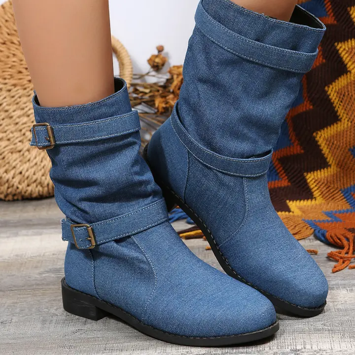 Botas De Motociclista Retro Para Mujer Talla Grande Punk Cowboy Con Hebilla Casual Moda Botas Hasta La Rodilla Material Denim Y Caña De Bote De Lona - 1
