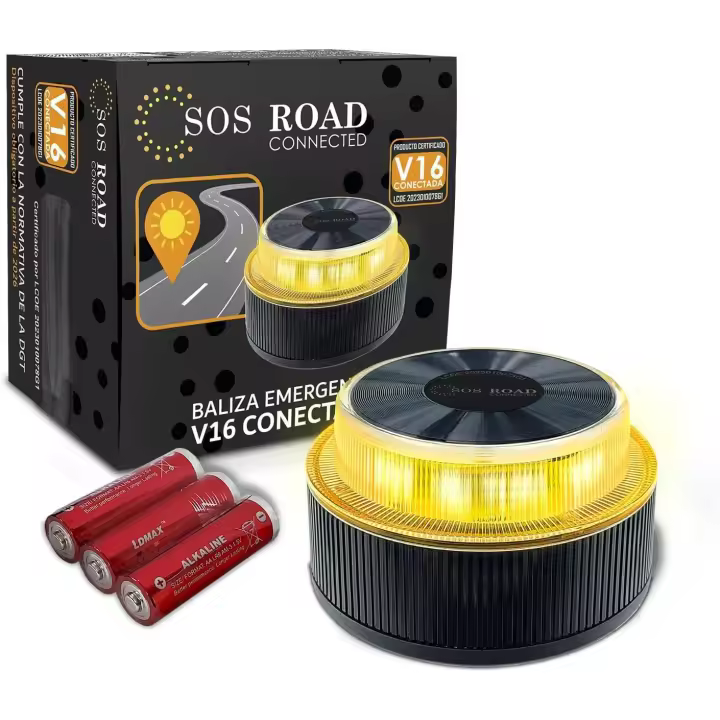 SOS ROAD Connected - Luz de Emergencia con Geolocalización para Coche Homologada DGT 3.0 (Obligatoria) - Baliza v16 con Plan Datos Gratuítos hasta 2038 - Base Magnética - Resistente Agua y Polvo - 1