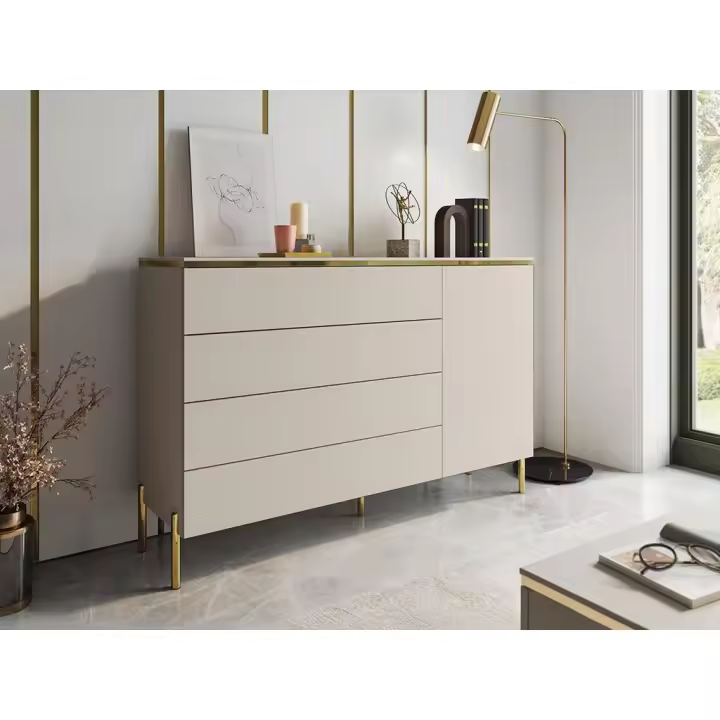 Vente-unique - Cómoda con 4 cajones y 1 armario - Beige y dorado - VUKIA de Pascal Morabito - 1
