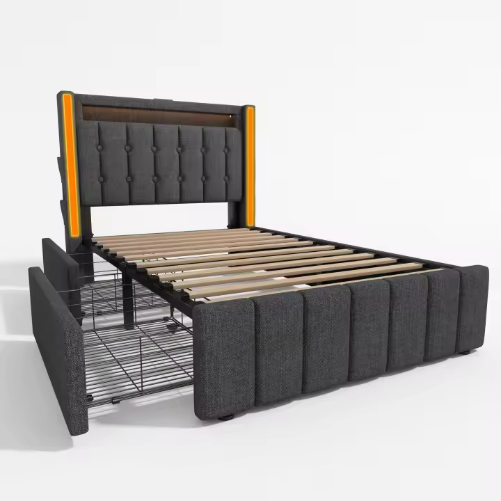 Cama tapizada Función de carga USB type C Iluminación LED Y 4 cartuchos, Cama Juvenil 140x200 cm - 1