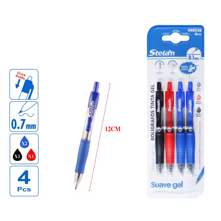 STELAM Paquete de 4 bolígrafos tinta gel de 0.7 mm en color azul - Escritura suave, retráctil, ideales para escuela, oficina y hogar ，tambien dispone de paquete de 3 colores 2azul 1 negro 1 rojo - 1