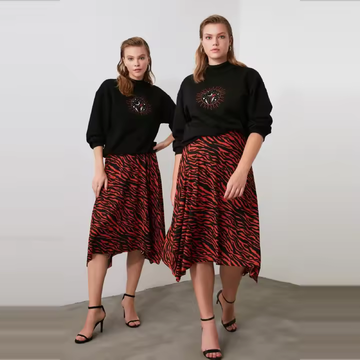 Trendyol Brown Leopard Pattern Flounce Asymmetric Midi Flexible Knitted Skirt Twoaw20Et0440 - 1
