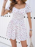 Vestidos Mini De Verano Para Mujer 2024 Estampado Floral Chiffon Estilo Playa Manga Puff Ajustado Cintura Natural Sin Capucha - details 1