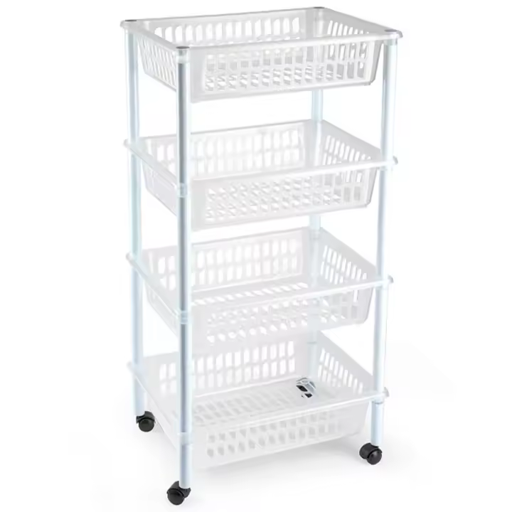 Tradineur - Carrito verdulero modelo PLFT de plástico con 4 niveles y ruedas, cestas apilables portaobjetos, frutas, verduras, cocina, baño (Transparente, 85 x 40 x 30 cm) - 1
