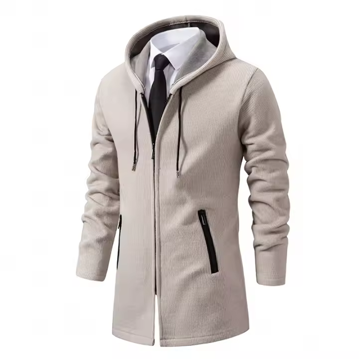 Chaqueta De Punto Para Hombre Con Capucha Y Forro De Plush Thicken Cardigan De Invierno De Color Sólido Abrigo De Moda De Otoño Y Invierno - 1