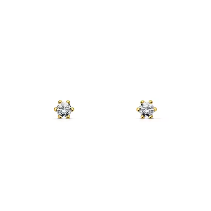 Pendientes Bebe Oro Amarillo 18K Garra Circonita 2 mm Brillo - Mondepetit - 1