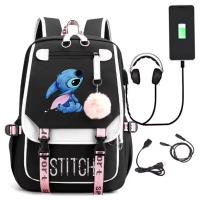 Mochila Escolar Stitch Negra con Detalles Rosas 45x30x19 cm – Mochila Grande para Niñas, Niños, Mujeres y Hombres, Resistente y Cómoda, Puerto USB y Salida de Auriculares, Ideal para Viaje y Universidad - details 0