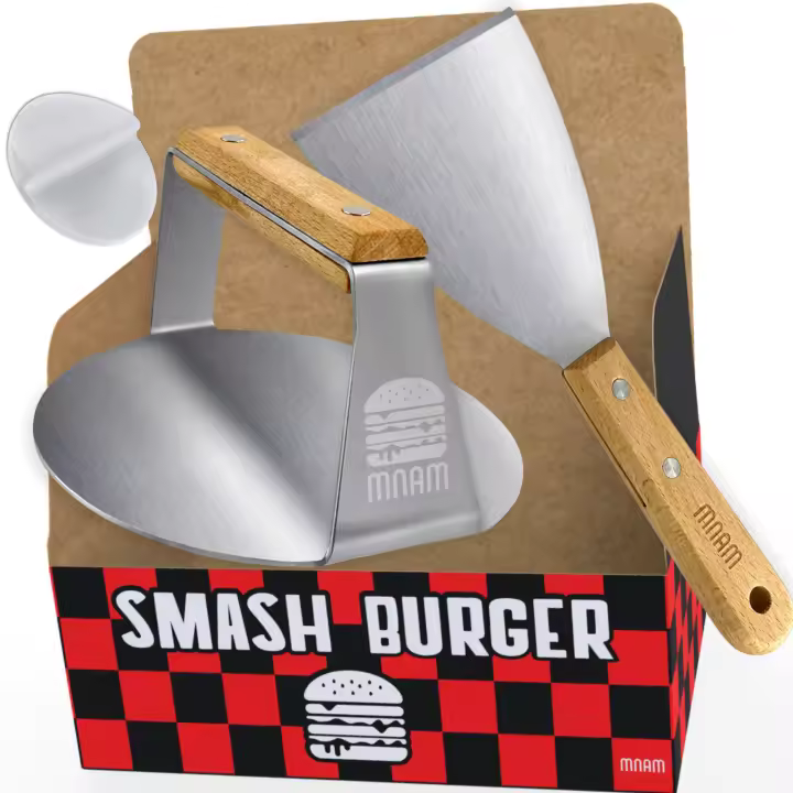 mnam Smash Burguer Set - Aplastador de Hamburguesas y Espátula con Mango de Madera en Acero Inoxidable - Prensa Hamburguesa para Carne - Grill plancha Kit Barbacoa - Smasher Profesional - 1