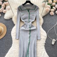 Vestido De Lana Elegante De Otoño Invierno Para Mujer Cintura Alta Botones Cuello Bajado Largo De Contraste Nuevo 2024 - details 15