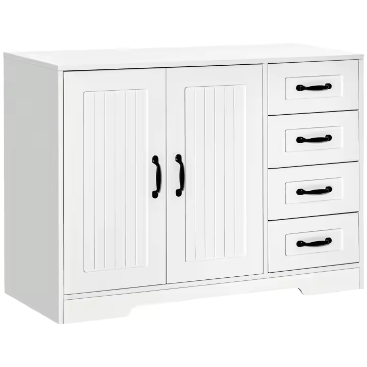 HOMCOM Aparador Mueble Auxiliar con 4 Cajones, Mueble de Cocina Mueble de Almacenaje con Estante Ajustable, Anti-Inclinación, Blanco, 105 x 40 x 76 cm - 1
