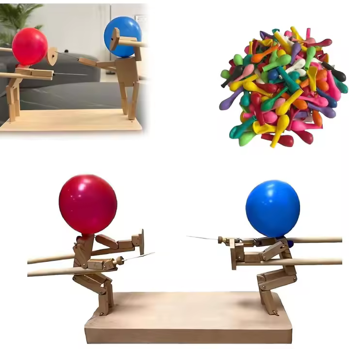 Balloon Bamboo Man Battle, marionetas de esgrima de madera hechas a mano, juego de batalla de bots de madera para 2 jugadores, globo de ritmo rápido lucha divertido juego emocionante - 1