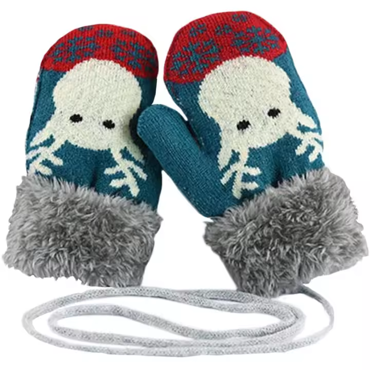 Guantes de ciclismo de invierno para niños de 1 a 4 años, de punto cálido, con cuerdas, bonitos ciervos, forro polar navideño, Halter, nieve - 1
