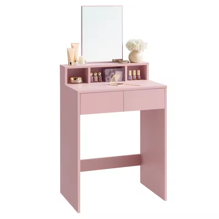VASAGLE Tocador, Mesa de Maquillaje con Espejo Grande, Gabinete con 2 Cajones y 3 Compartimentos, Estilo Moderno, Rosa Jalea/Blanco - 1
