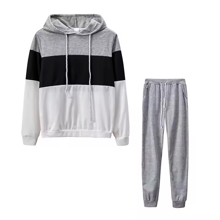 Women Tracksuit Hooded Color Block Hoodies Tops + Plain Trousers Pants Set Sports Gym Jogging Outfits - 1