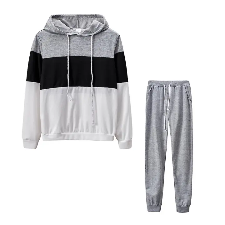 Women Tracksuit Hooded Color Block Hoodies Tops + Plain Trousers Pants Set Sports Gym Jogging Outfits - 1