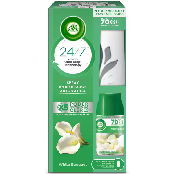 Air Wick Ambientador Freshmatic - Aparato + Recambio Spray Automático, Esencia para Casa con Aroma a Flores Blancas White Bouquet - 1