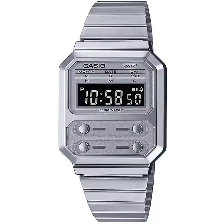 Reloj de pulsera CASIO Retro Vintage - A100WE-7BEF correa color: Gris plata Dial LCD Negro Unisex - 1