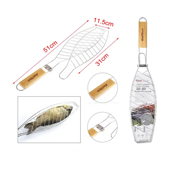 UD - Set 2 Rejilla para Barbacoa de Acero Inoxidable con Mango de Madera , forma de pescado – Parrilla Antiadherente para Pescado, Carne o Verduras – Kmt Style - 1