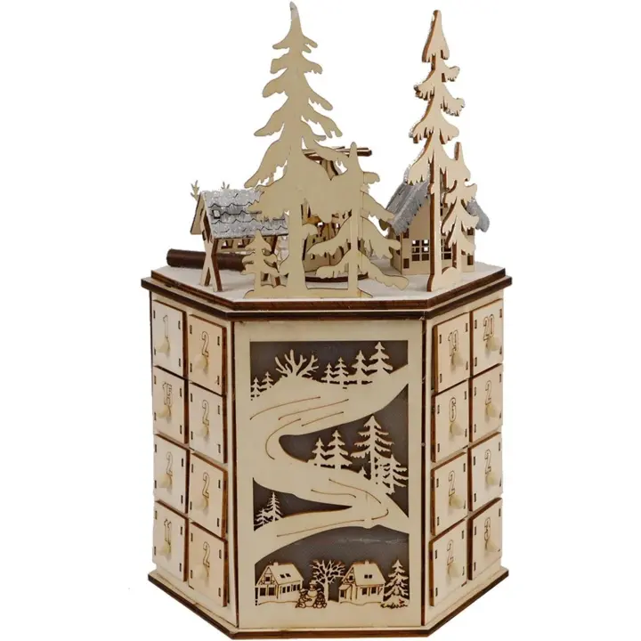 Calendario de Adviento with Caja de Música giratoria LED decorada with Luces LED de Casa de Reno de árbol de Navidad, Madera Tallada Iluminada - 1