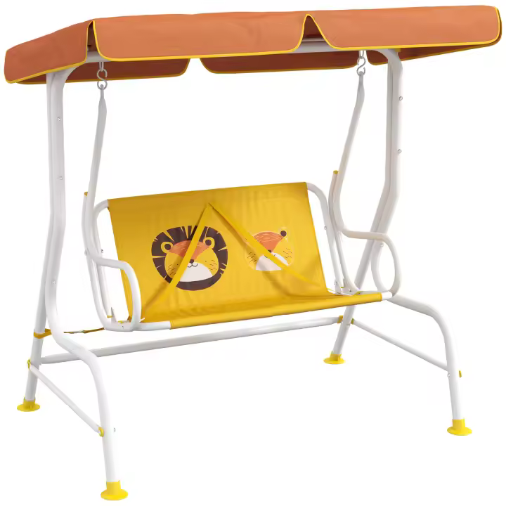 Outsunny Balancín de Jardín Exterior Columpio de Jardín Infantil de 2 Plazas con Patrón de León Toldo Ajustable en Ángulo Carga 60 kg 110x70x110 cm Amarillo - 1