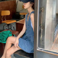 Vestido Mini De Verano Para Mujer Estilo Coreano Sin Mangas Con Tirantes Y Bolsillos Denim A-Line Solapa Suelta Vestido De Corte Vintage - details 13