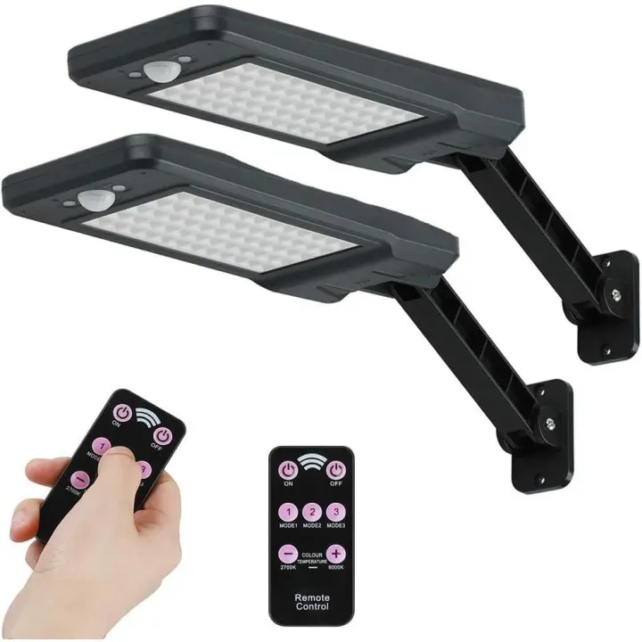 60 LED 7W con energía solar IP65 impermeable al aire libre luz negra con soporte ajustable y control remoto, 3 modos 180 ° luces de sensor de movimiento al aire libre para jardín, garaje, patio, escaleras, 2 piezas - 1