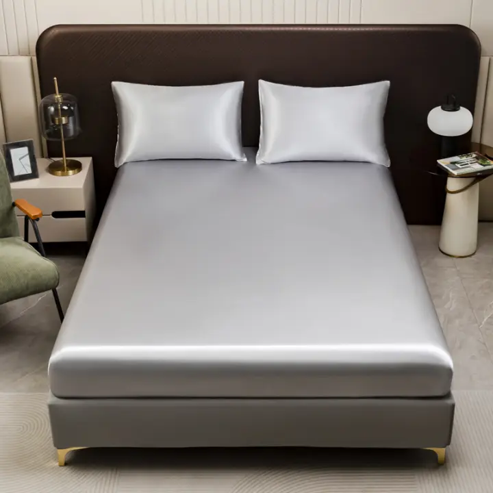 Sábana De Seda Helada En Color Sólido Talla Twin Full Queen Con Banda Elástica Sábana De Cama Natural Sin Funda Para Almohada - 1