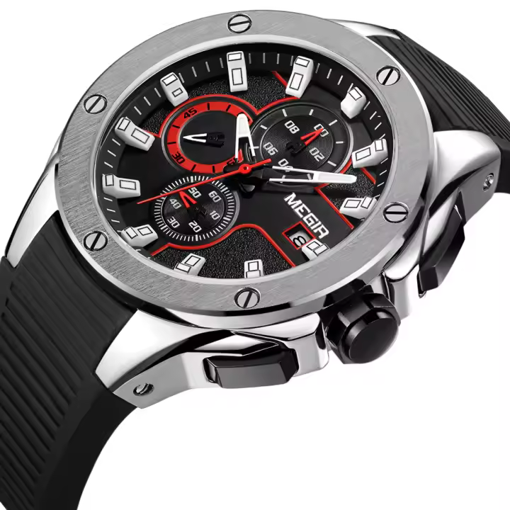 Reloj De Pulsera Militar Deportivo Para Hombre MEGIR Marca Top Resistente Al Agua Con Correa De Silicona Azul Y Calendario Automático Movimiento De Cuarzo - 1