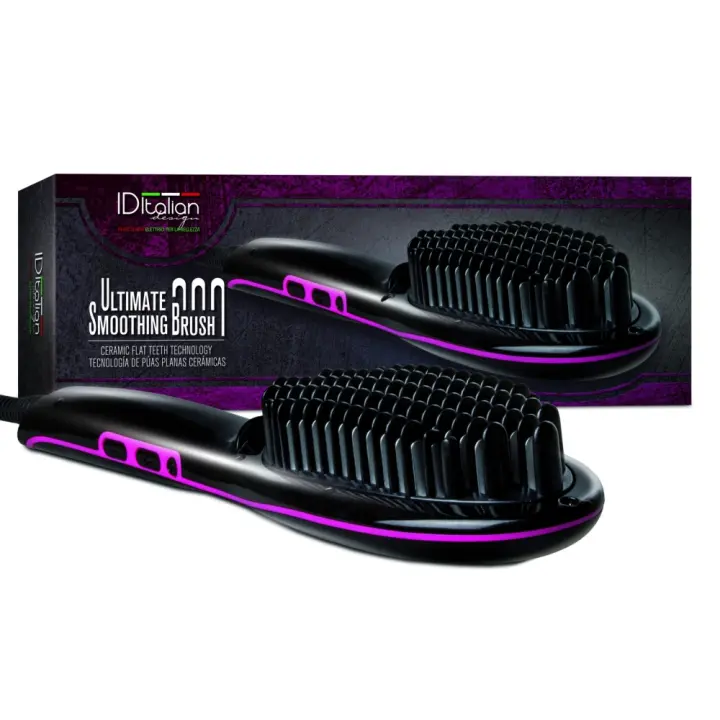 Italian  Design - Cepillo Alisador Eléctrico Ultimate Smoothing 50W - Cepillo Alisador Pelo con Placa de Cerámica, Púas Planas y Control de Temperatura con Display  - Color Negro - 1