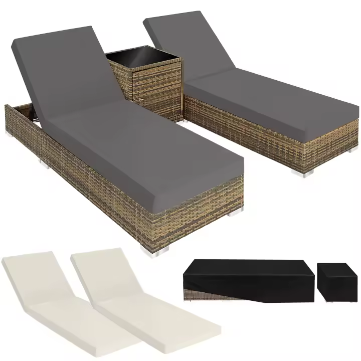 Tectake - 2 tumbonas de Poliratán y aluminio + mesa  Para interiores y Exteriores, incluye tuercas de acero inoxidable  Mesa auxiliar con espacio para almacenaje  Ajustable en 5 posiciones - 1