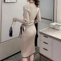 Vestido Bandage Tejido Vintage Para Mujer Con Rayas Slim De Manga Larga Estilo Elegante Para Oficina Vestido Irregular De Cuello Alto Casual De Otoño - details 10