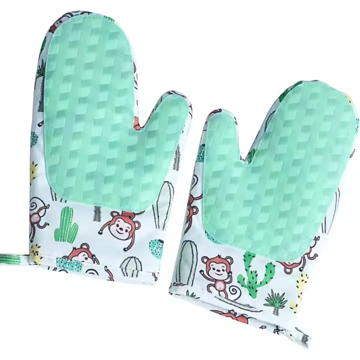 Double-Sided Oven Gloves Heat Resistant Silicone Oven Mitts Non-Slip Pot Holders with Cotton Lining for Grilling, Cooking, Baking, Kitchen (Green) - 1