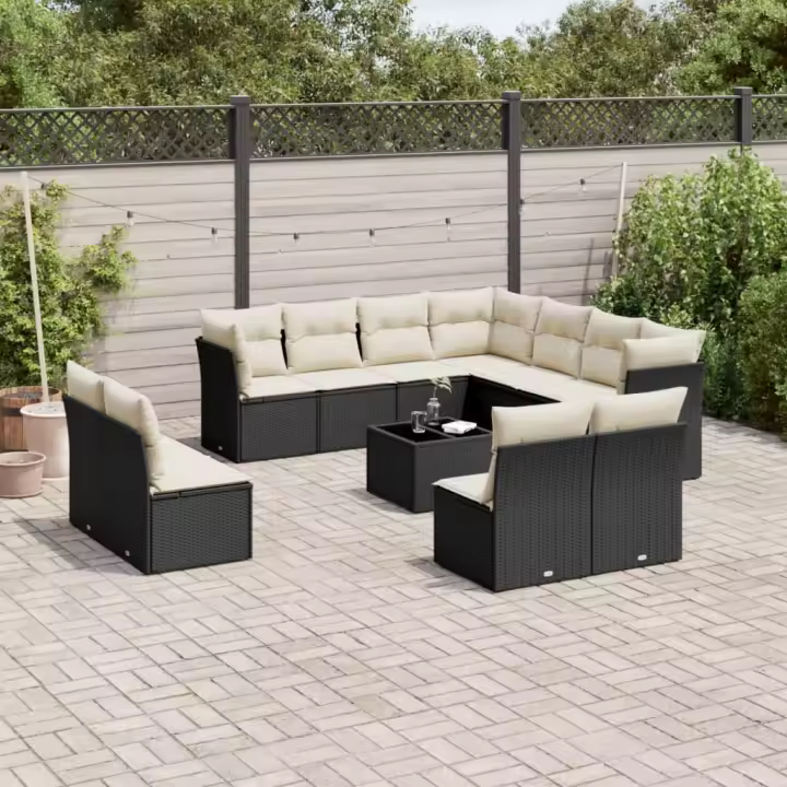 vidaXL Set de sofás de jardín 12 piezas cojines ratán sintético negro - 1