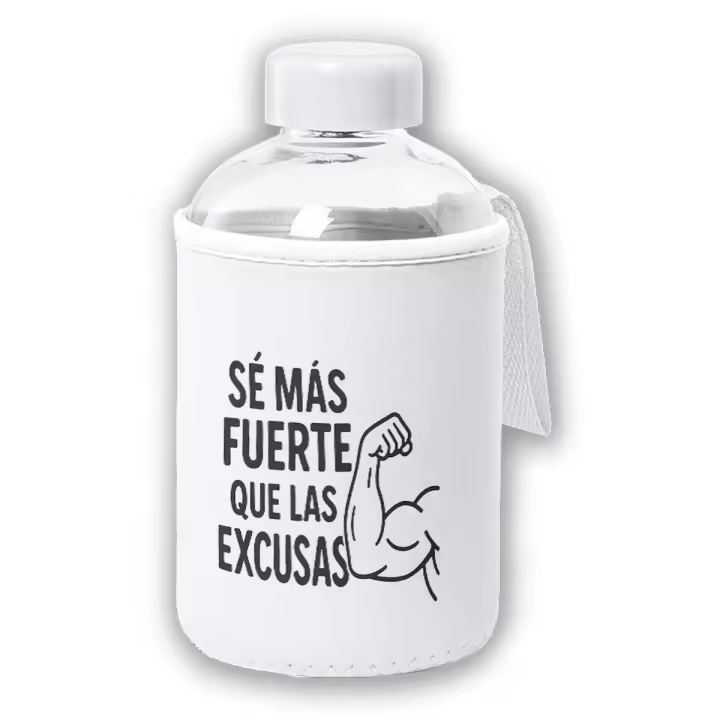MERCHANDMANIA Bidón cristal con Funda soft shell frase motivadora se más fuerte que las excusas tapon seguridad botella - 1