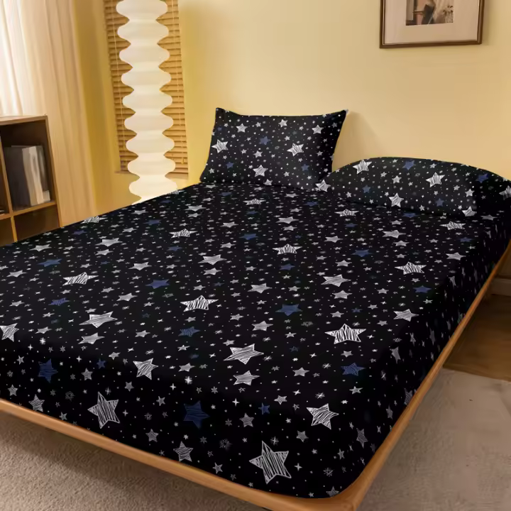 Sábana Ajustada Moderna Y Sencilla Con Estampado De Estrellas Mate Para Dormitorio Cobertura De Cama De Poliéster 100% Sin Almohadas - 1