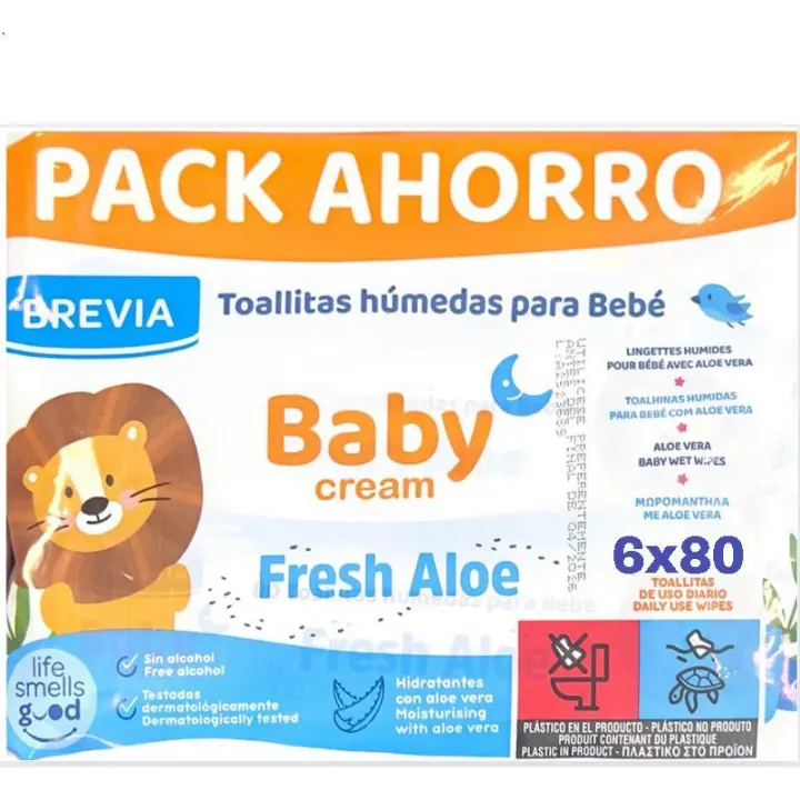 PACK AHORRO - 6 x 80 unidades Toallitas húmedas para bebé Baby cream fresh Aloe Brevia - 1