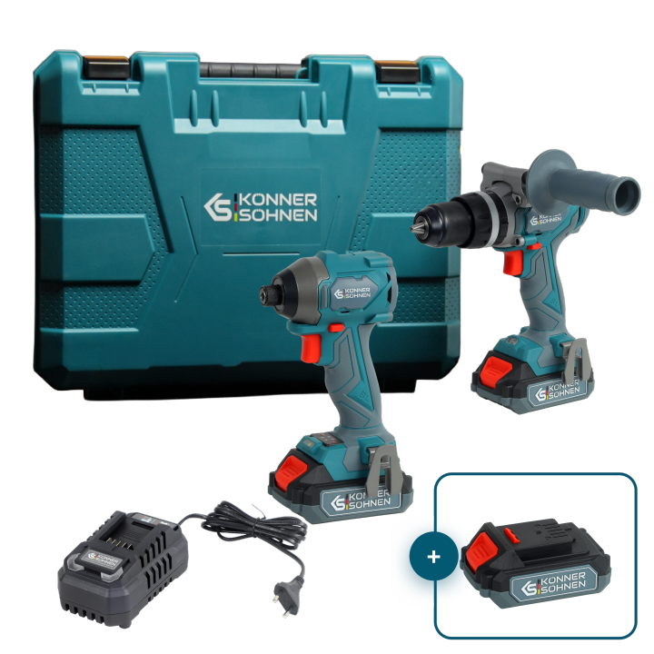 Conjunto inalámbrico Master Set 2en1Könner & Söhnen - taladro percutor y destornillador de impacto para perforación, con 2×2Ah 20V baterías y un cargador en maletín. Batería adicional (KS 20V2-1) de regalo.